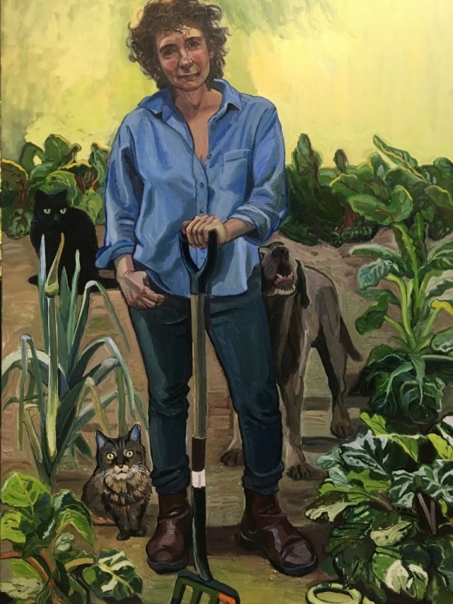 Happy Birthday Jeanette Winterson. I had the privilege to paint Jeanette for the national portrait gallery’s collection. Jeanette was generous with her time and came 7 times to sit or rather stand for the portrait for a whole day. Her participation in our portrait coming together was amazing and more than I could ask for.  She had this wonderful vegetable garden just starting to explode during April when I visited her and there was the obvious scene to paint her. It was a beautiful bright sunny day and the leaves glistened. Jeanette wanted her animals to be included in the portrait and mischievously asked that the letters LOVE or VOLE be hidden ‘under the cabbage leaves’  can you spot them?  @nationalportraitgallery Gallery  #NPG