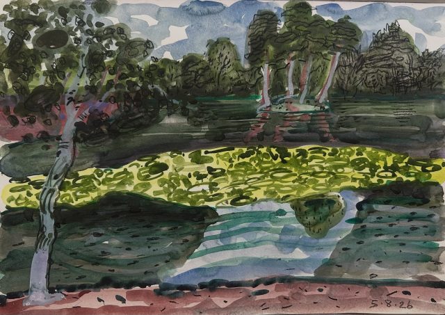 Plein air painting at Roman pond in Finchampstead. Nothing calms the mind, brings peace and distraction from the angst and horribleness of the present world like painting outside in nature, especially near water. August drawings