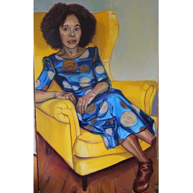 Celebrating Diana Evans on World Afro Day 15 September @worldafroday. I had the privilege to paint Diana for my series Painting Women Writers. I just loved painting Diana’s wonderful Afro and exquisite dress .Diana is a British novelist, journalist  and critic. I particularly loved her debut novel 26a